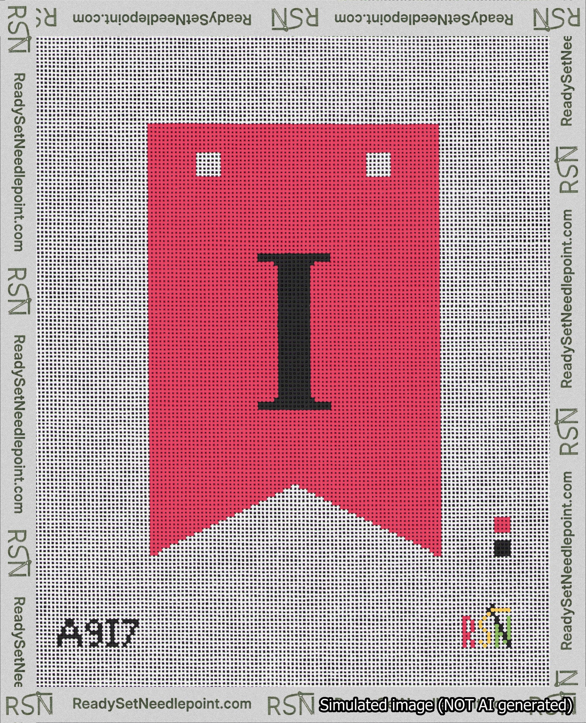A taped needlepoint canvas with the design: Banner 18 mesh count Forked I Black on Red.