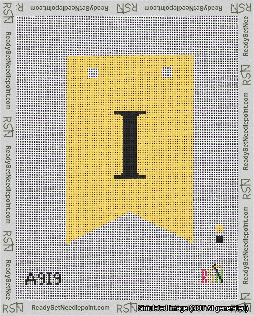 A taped needlepoint canvas with the design: Banner 18 mesh count Forked I Black on Yellow.