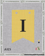 A taped needlepoint canvas with the design: Banner 18 mesh count Forked I Black on Yellow.