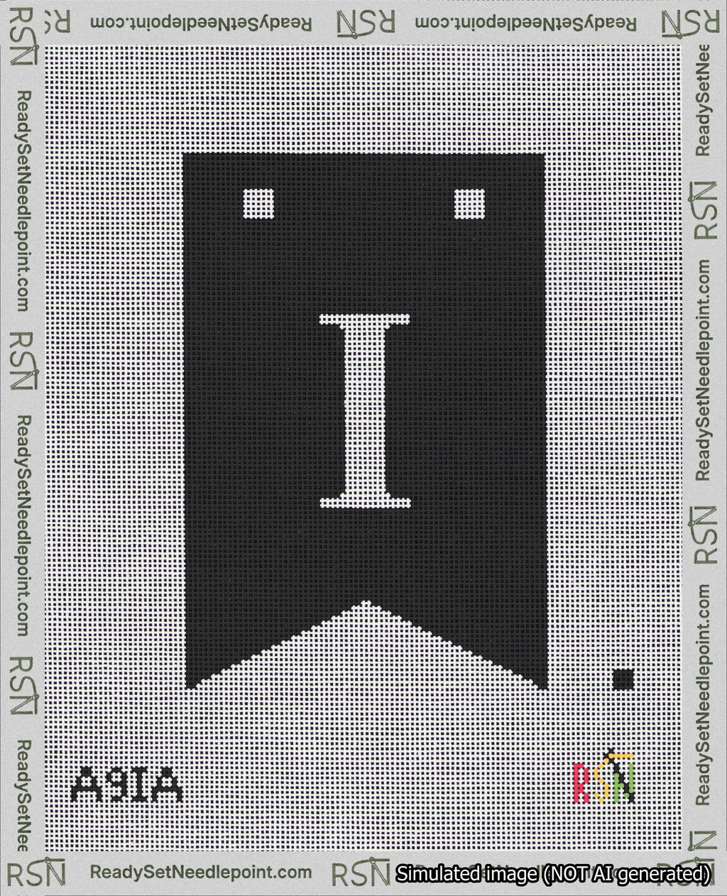 A taped needlepoint canvas with the design: Banner 18 mesh count Forked I White on Black.
