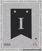 A taped needlepoint canvas with the design: Banner 18 mesh count Forked I White on Black.