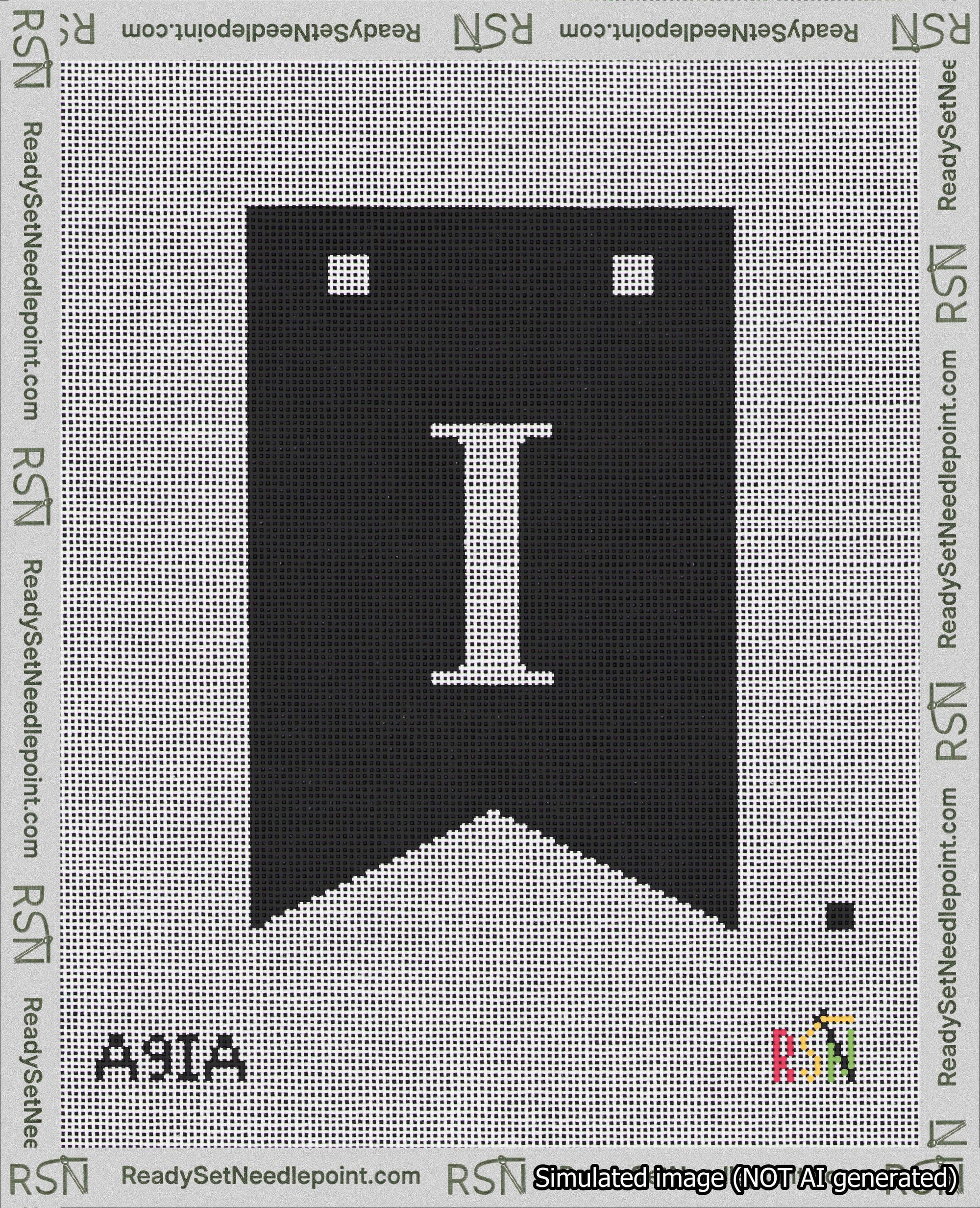 A taped needlepoint canvas with the design: Banner 18 mesh count Forked I White on Black.