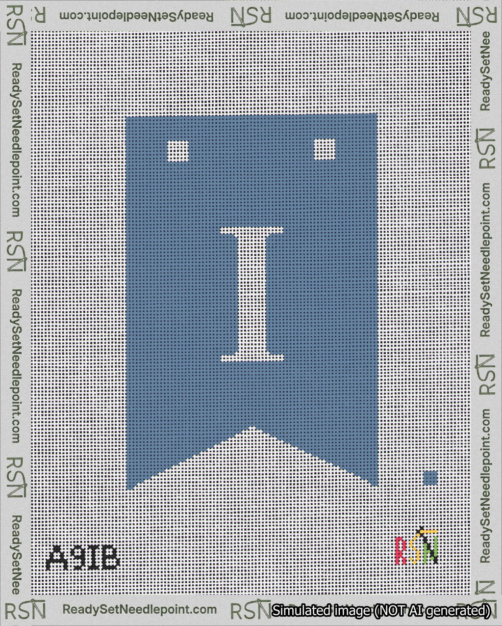 A taped needlepoint canvas with the design: Banner 18 mesh count Forked I White on Blue.
