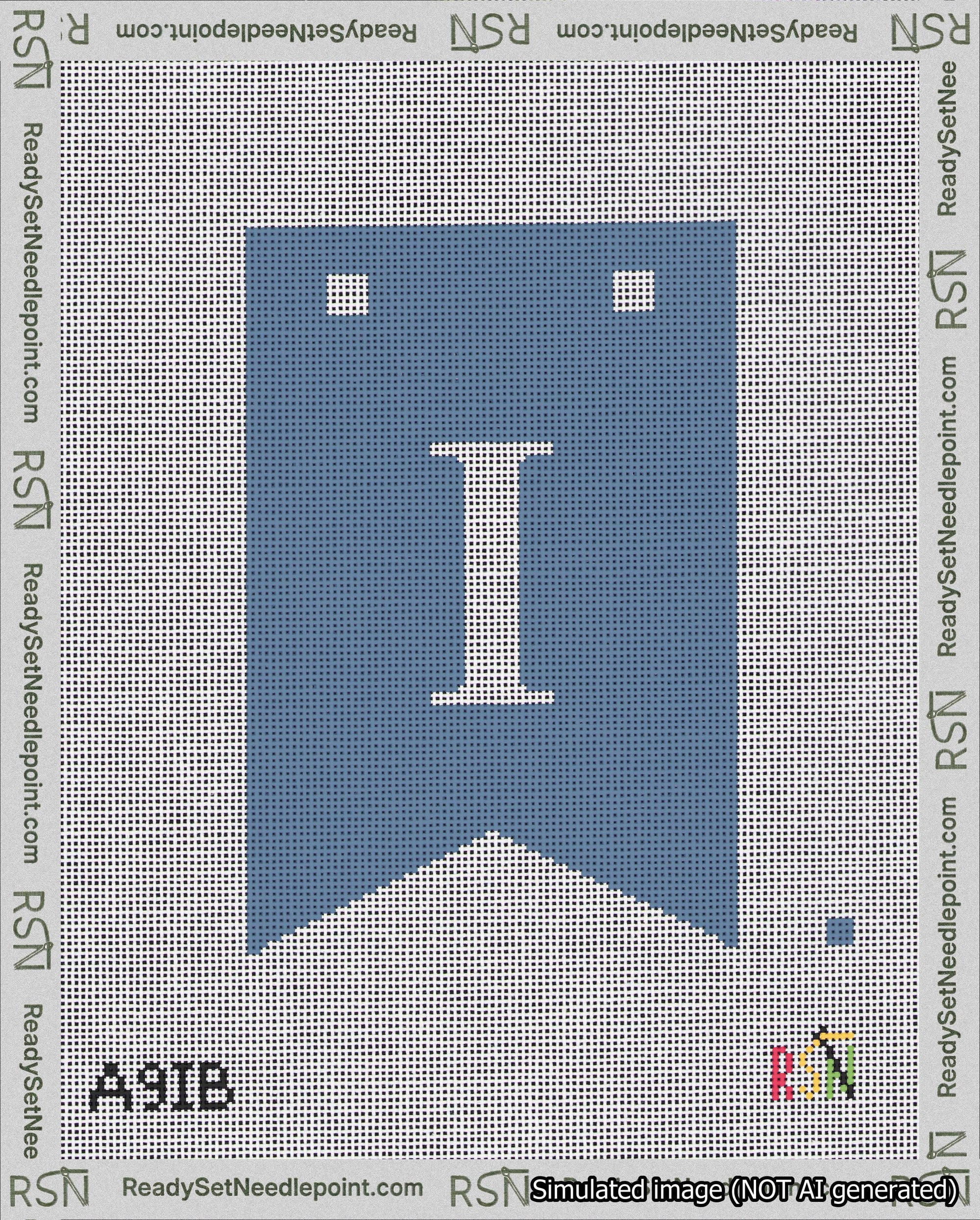 A taped needlepoint canvas with the design: Banner 18 mesh count Forked I White on Blue.