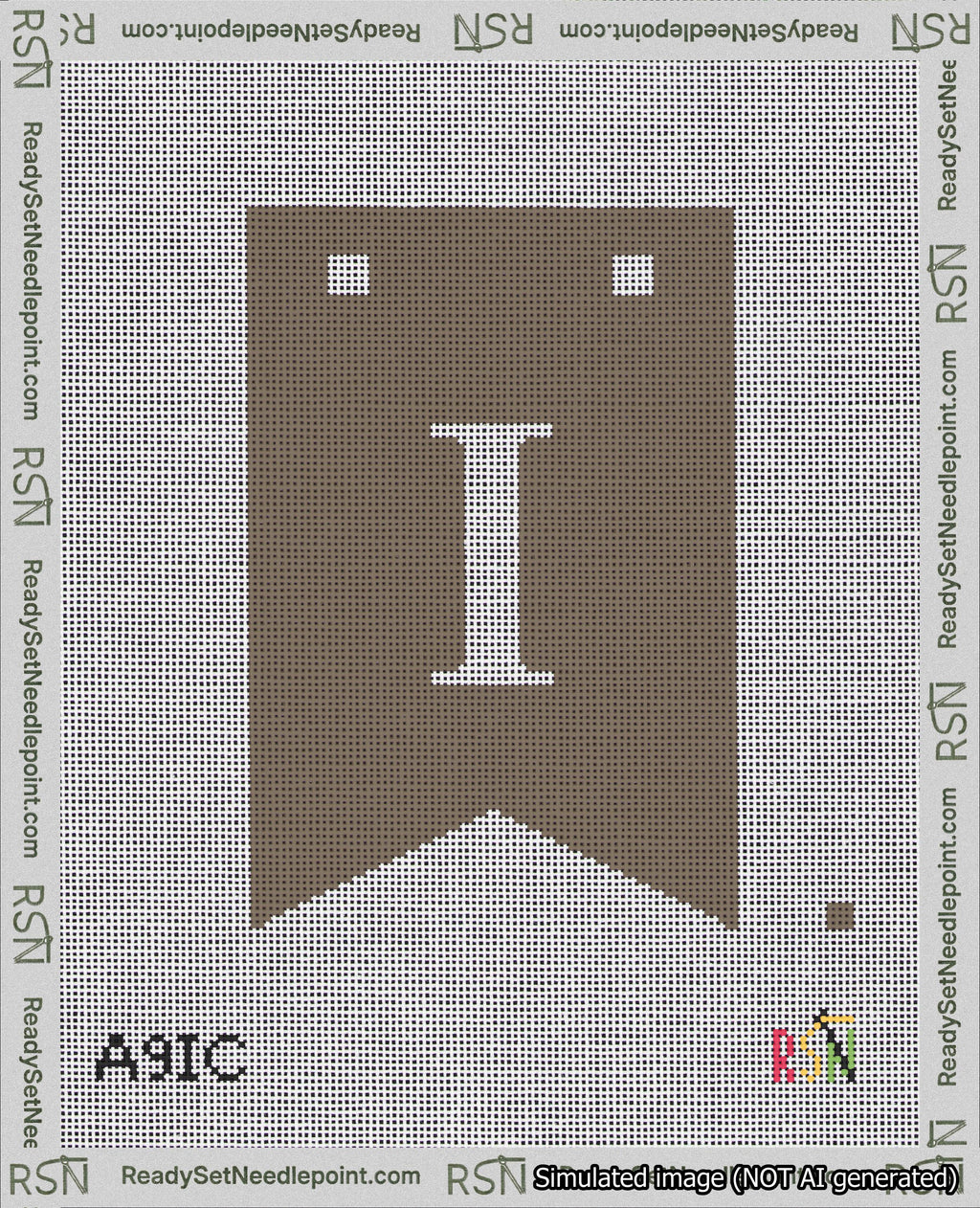 A taped needlepoint canvas with the design: Banner 18 mesh count Forked I White on Brown.