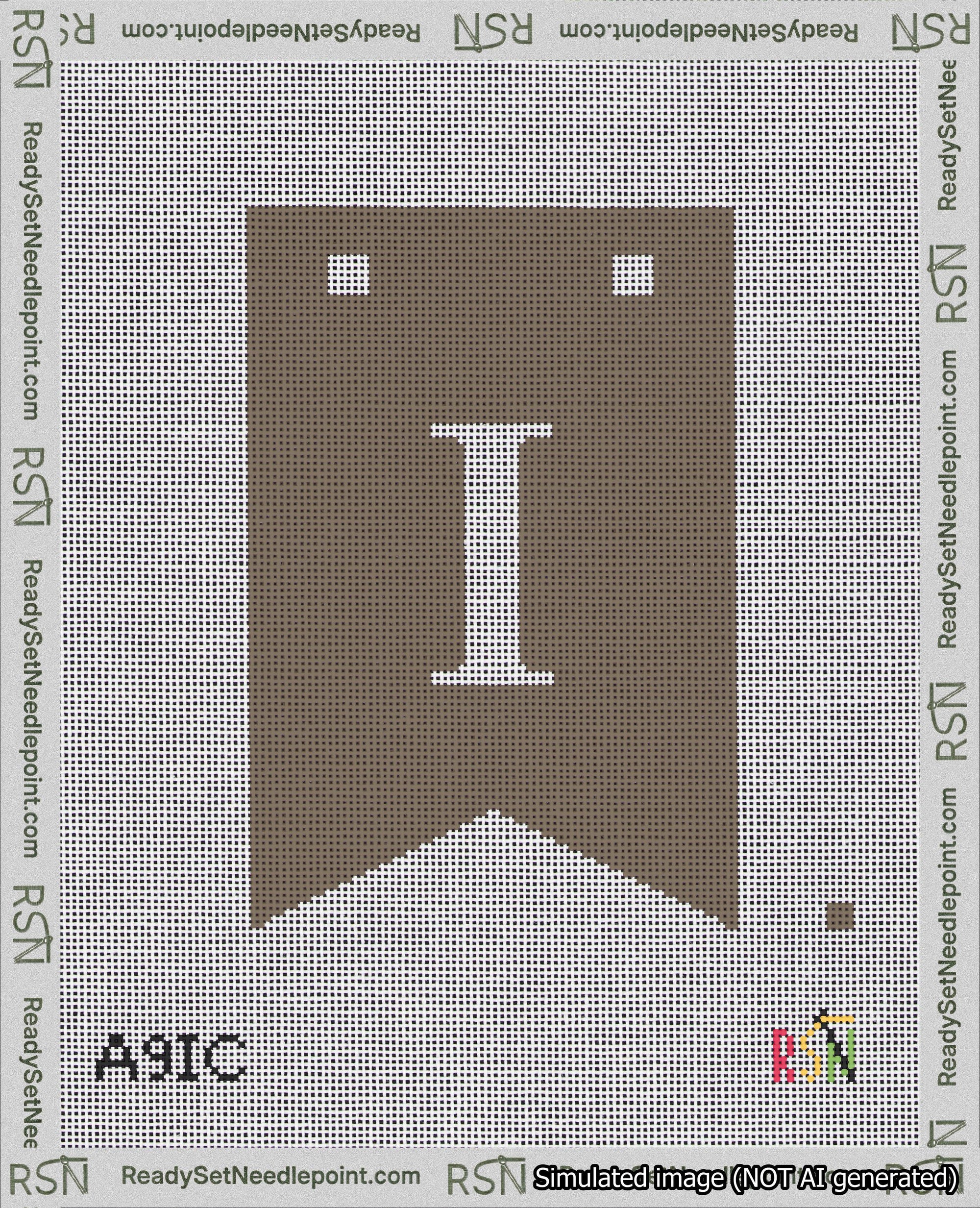 A taped needlepoint canvas with the design: Banner 18 mesh count Forked I White on Brown.
