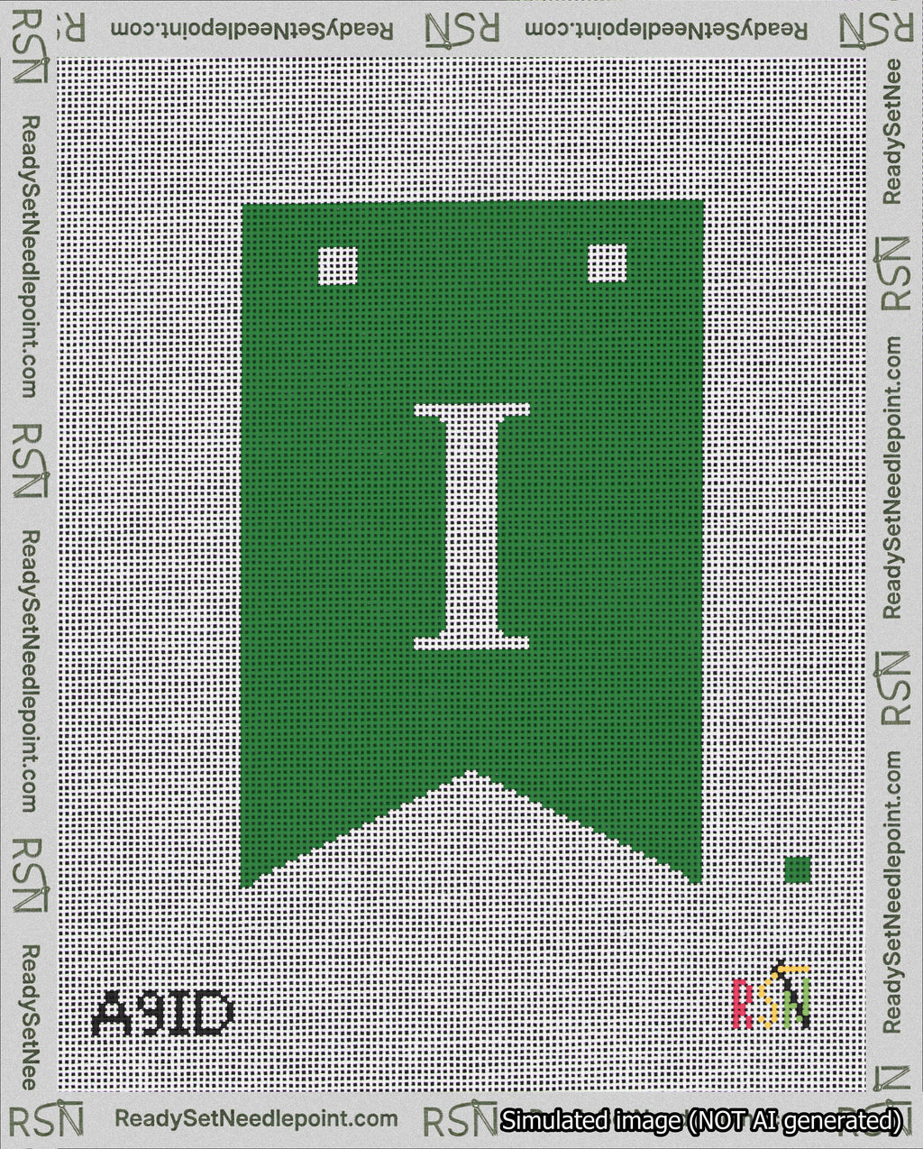 A taped needlepoint canvas with the design: Banner 18 mesh count Forked I White on Green.