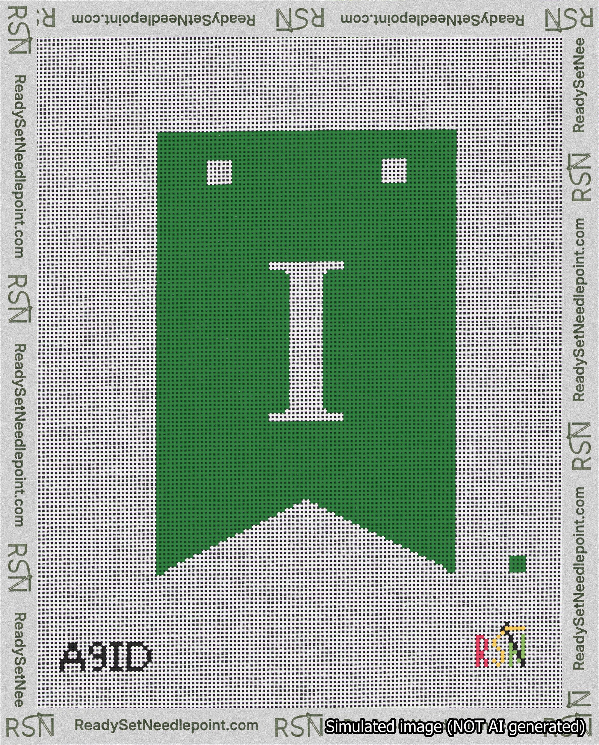 A taped needlepoint canvas with the design: Banner 18 mesh count Forked I White on Green.