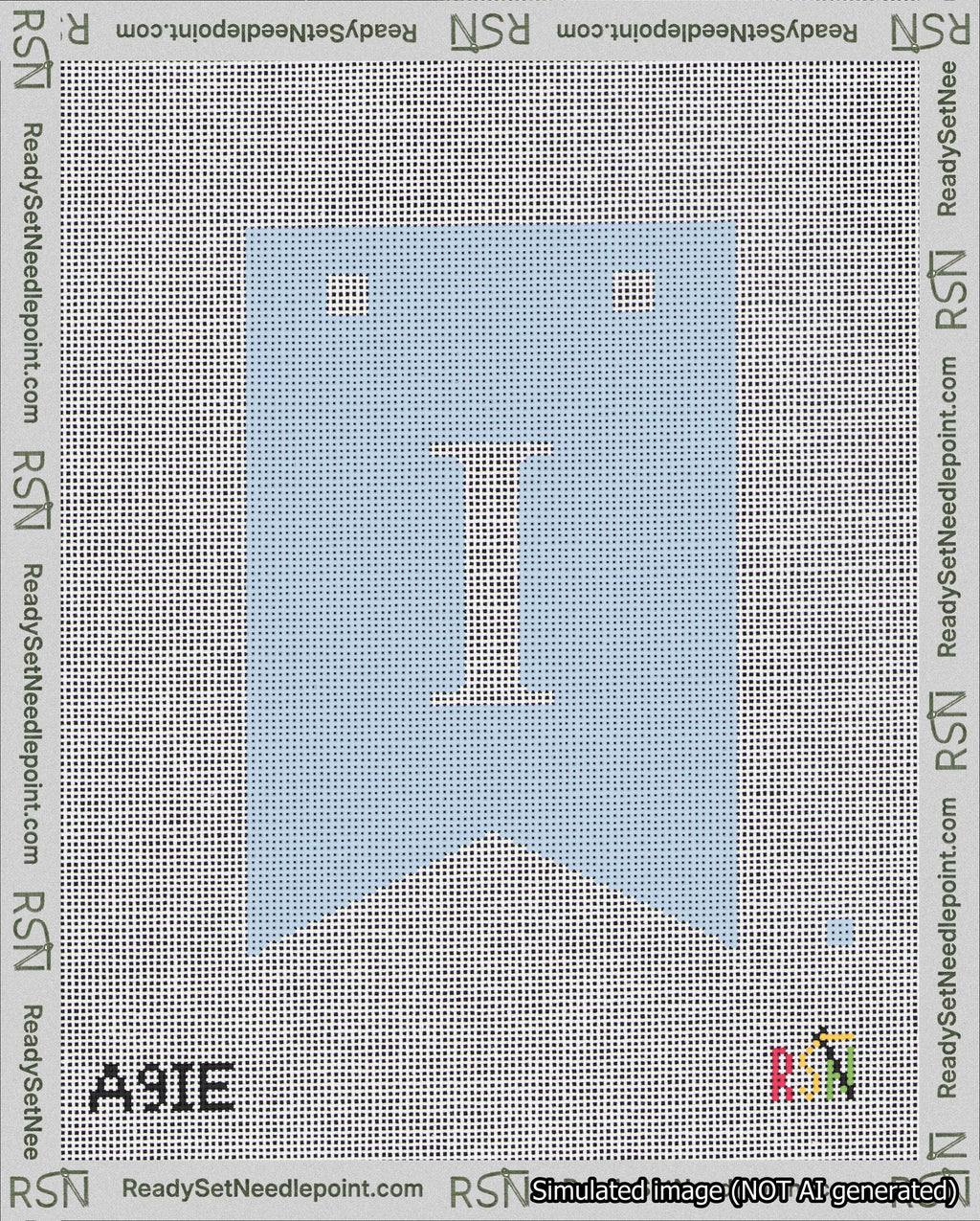 A taped needlepoint canvas with the design: Banner 18 mesh count Forked I White on Light Blue.
