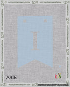 A taped needlepoint canvas with the design: Banner 18 mesh count Forked I White on Light Blue.