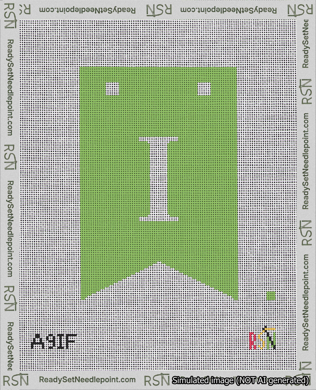 A taped needlepoint canvas with the design: Banner 18 mesh count Forked I White on Light Green.