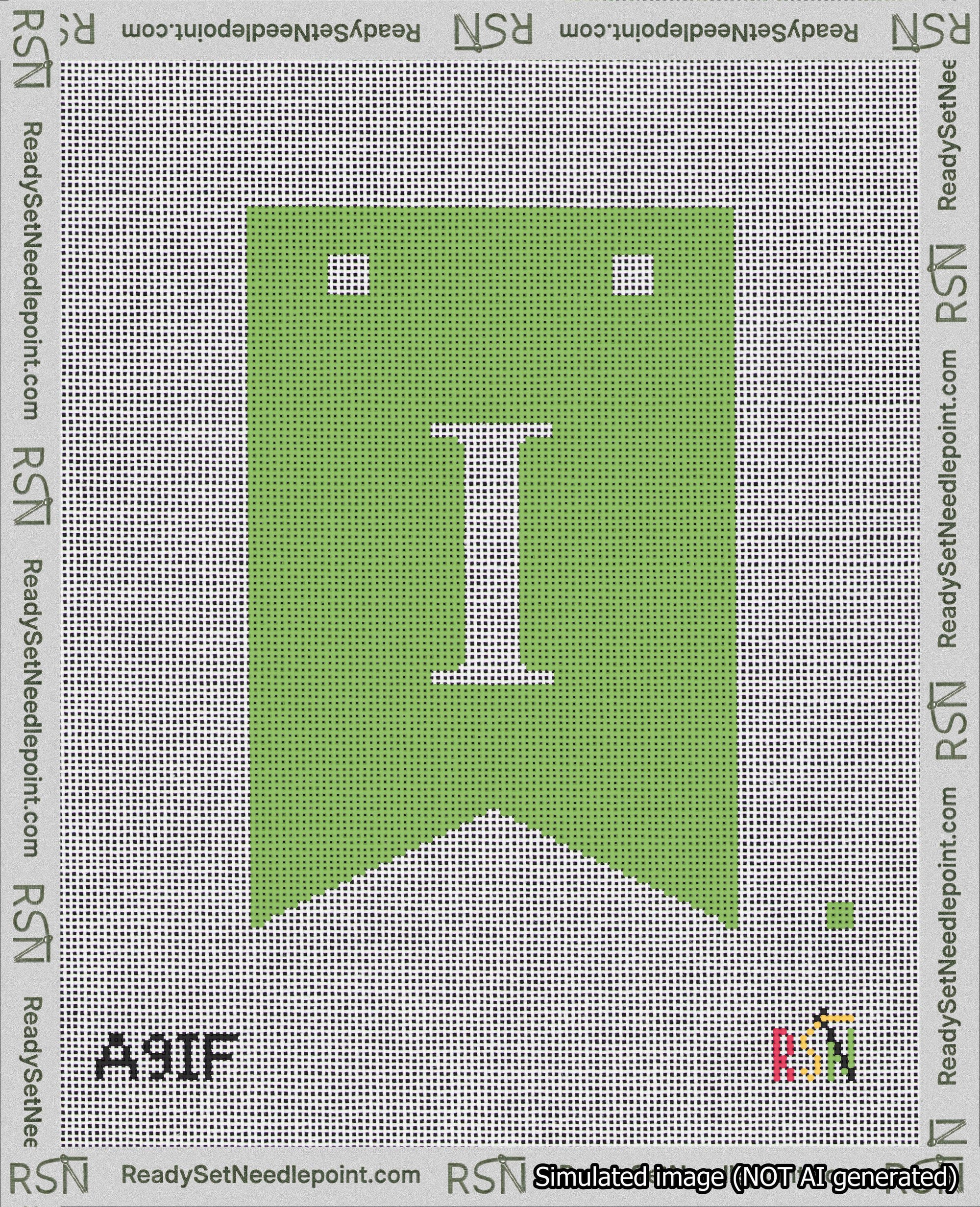 A taped needlepoint canvas with the design: Banner 18 mesh count Forked I White on Light Green.