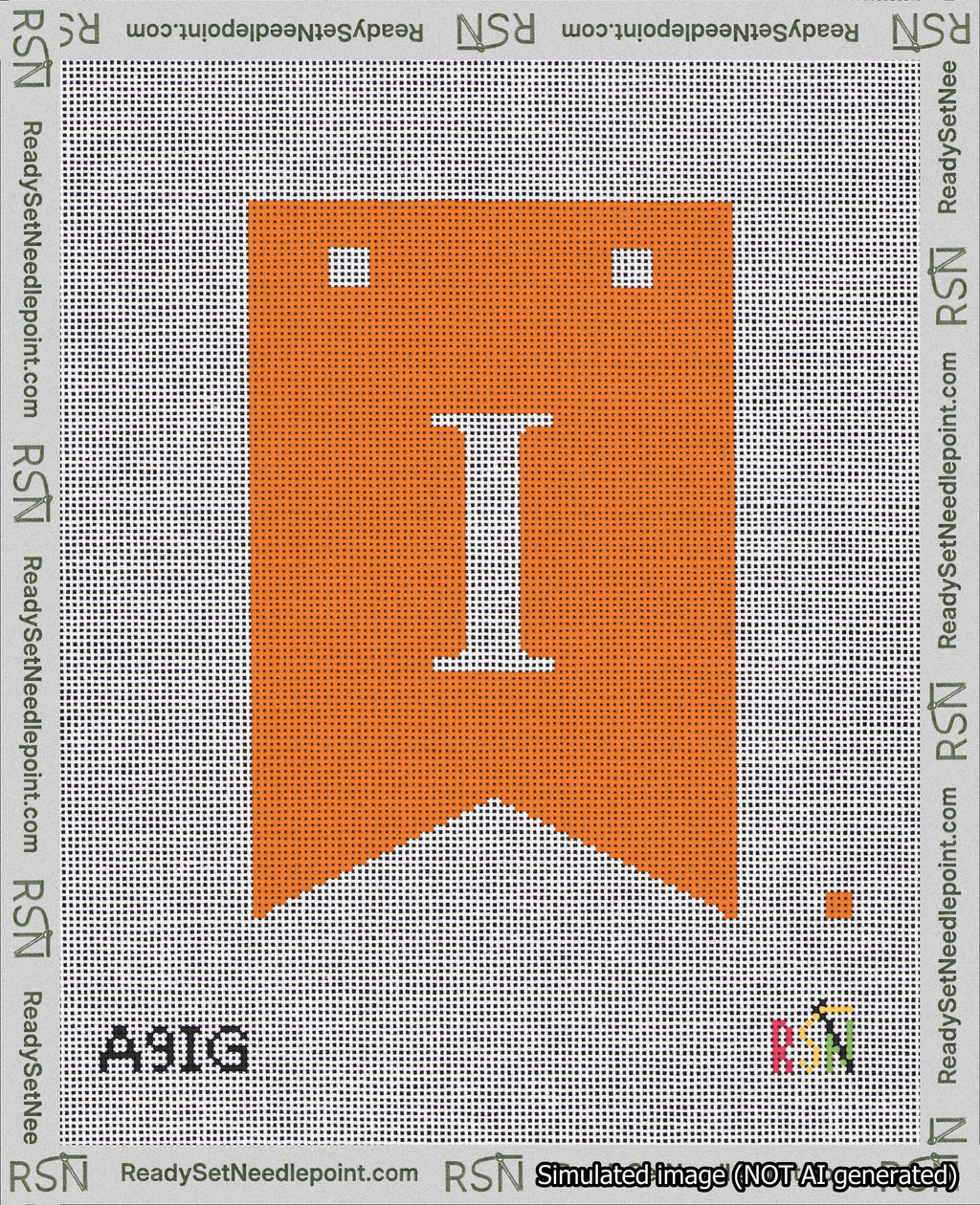 A taped needlepoint canvas with the design: Banner 18 mesh count Forked I White on Orange.