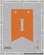 A taped needlepoint canvas with the design: Banner 18 mesh count Forked I White on Orange.