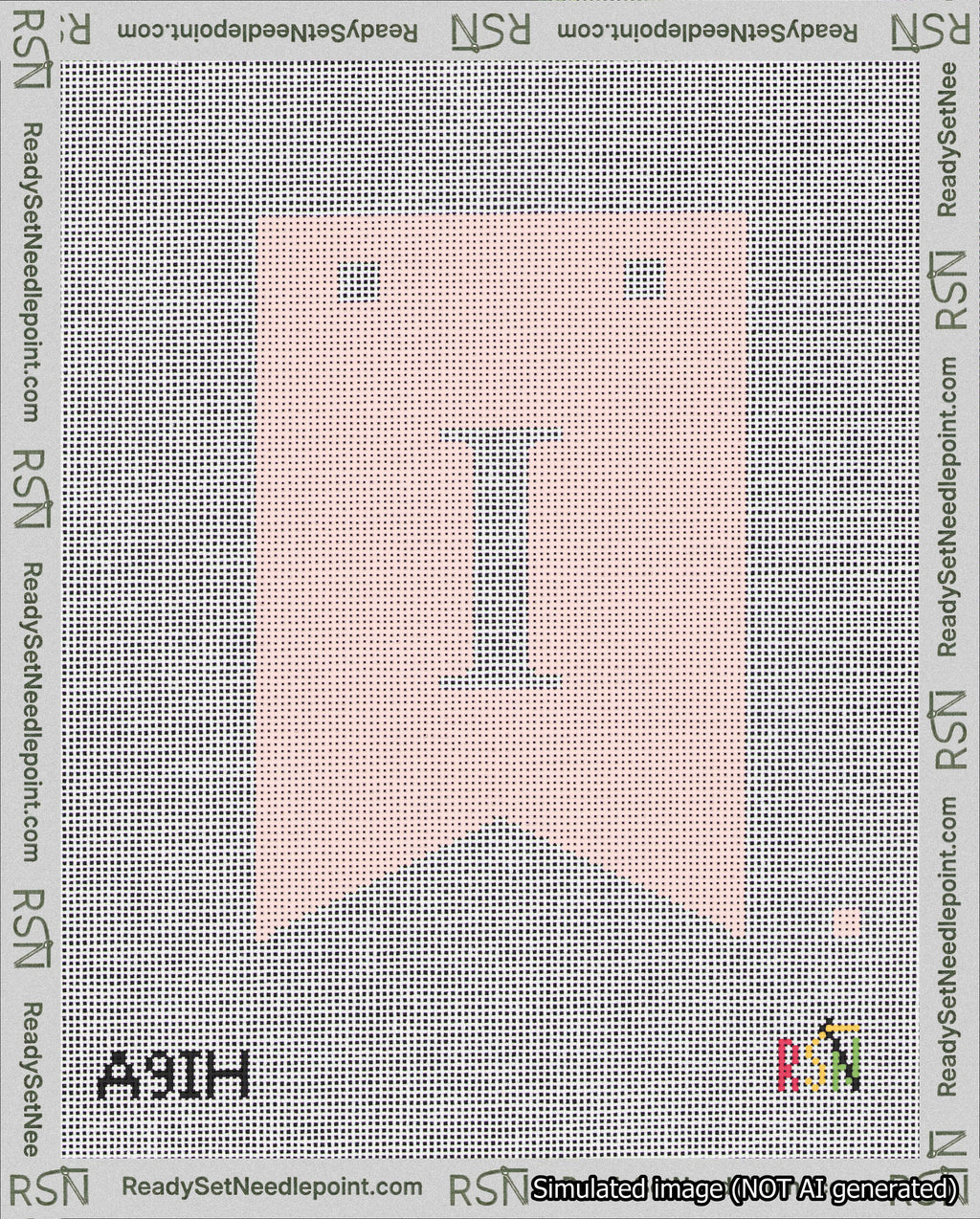 A taped needlepoint canvas with the design: Banner 18 mesh count Forked I White on Pink.