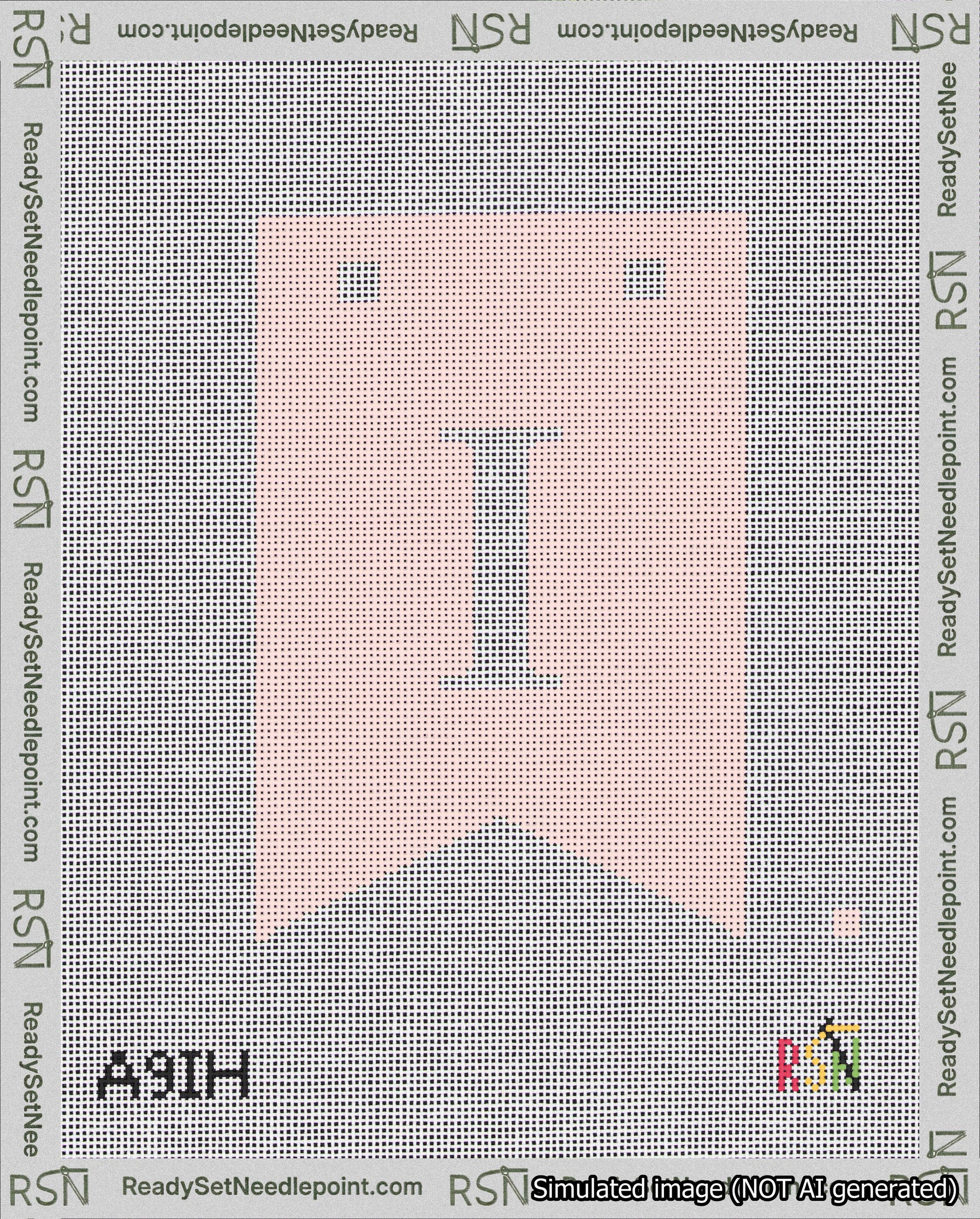 A taped needlepoint canvas with the design: Banner 18 mesh count Forked I White on Pink.