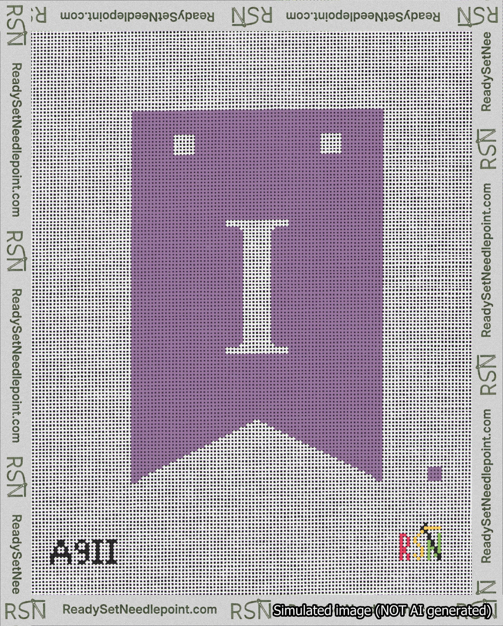 A taped needlepoint canvas with the design: Banner 18 mesh count Forked I White on Purple.