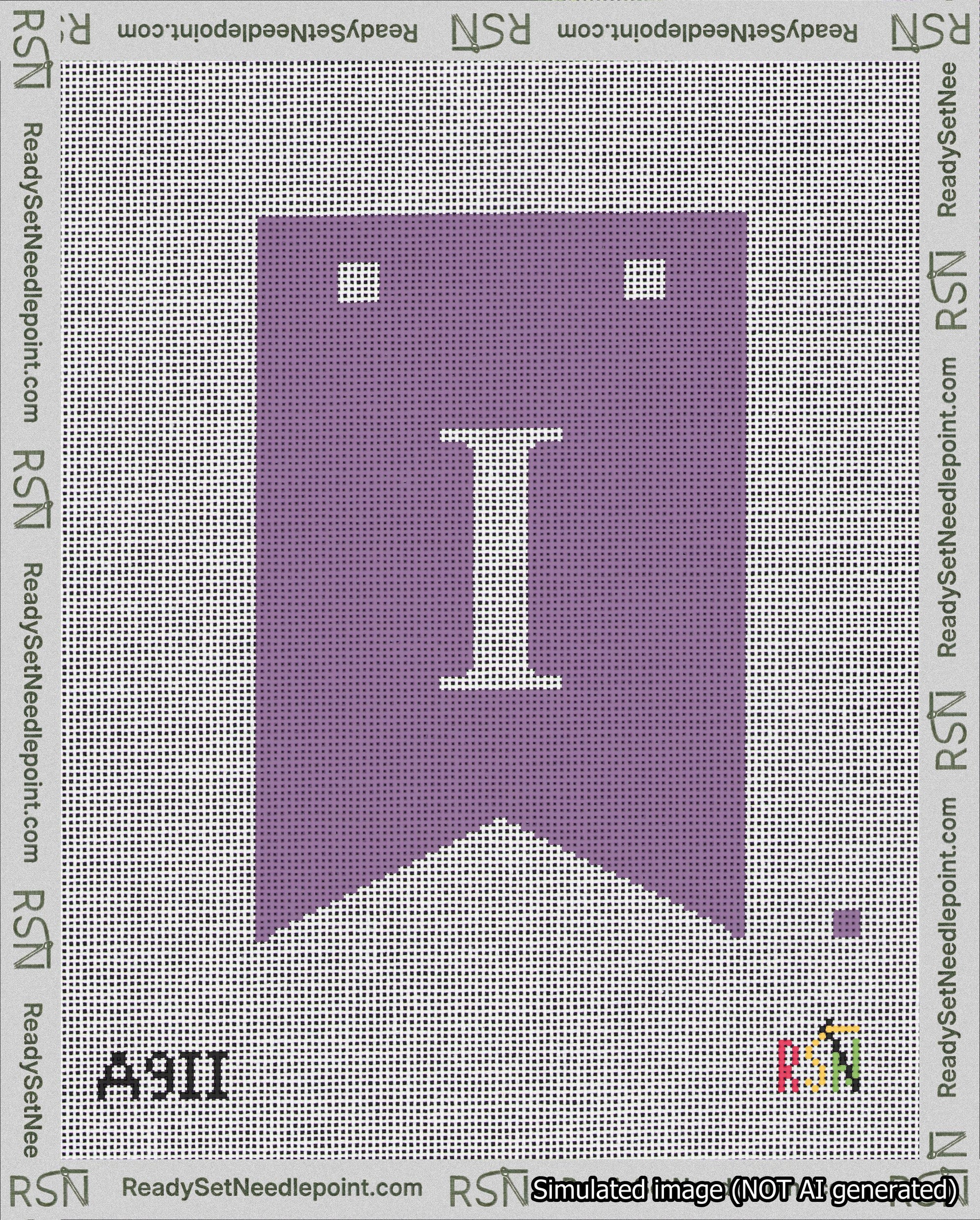 A taped needlepoint canvas with the design: Banner 18 mesh count Forked I White on Purple.