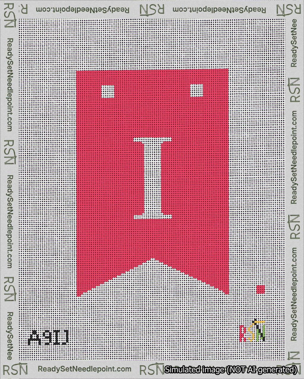 A taped needlepoint canvas with the design: Banner 18 mesh count Forked I White on Red.