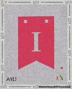 A taped needlepoint canvas with the design: Banner 18 mesh count Forked I White on Red.
