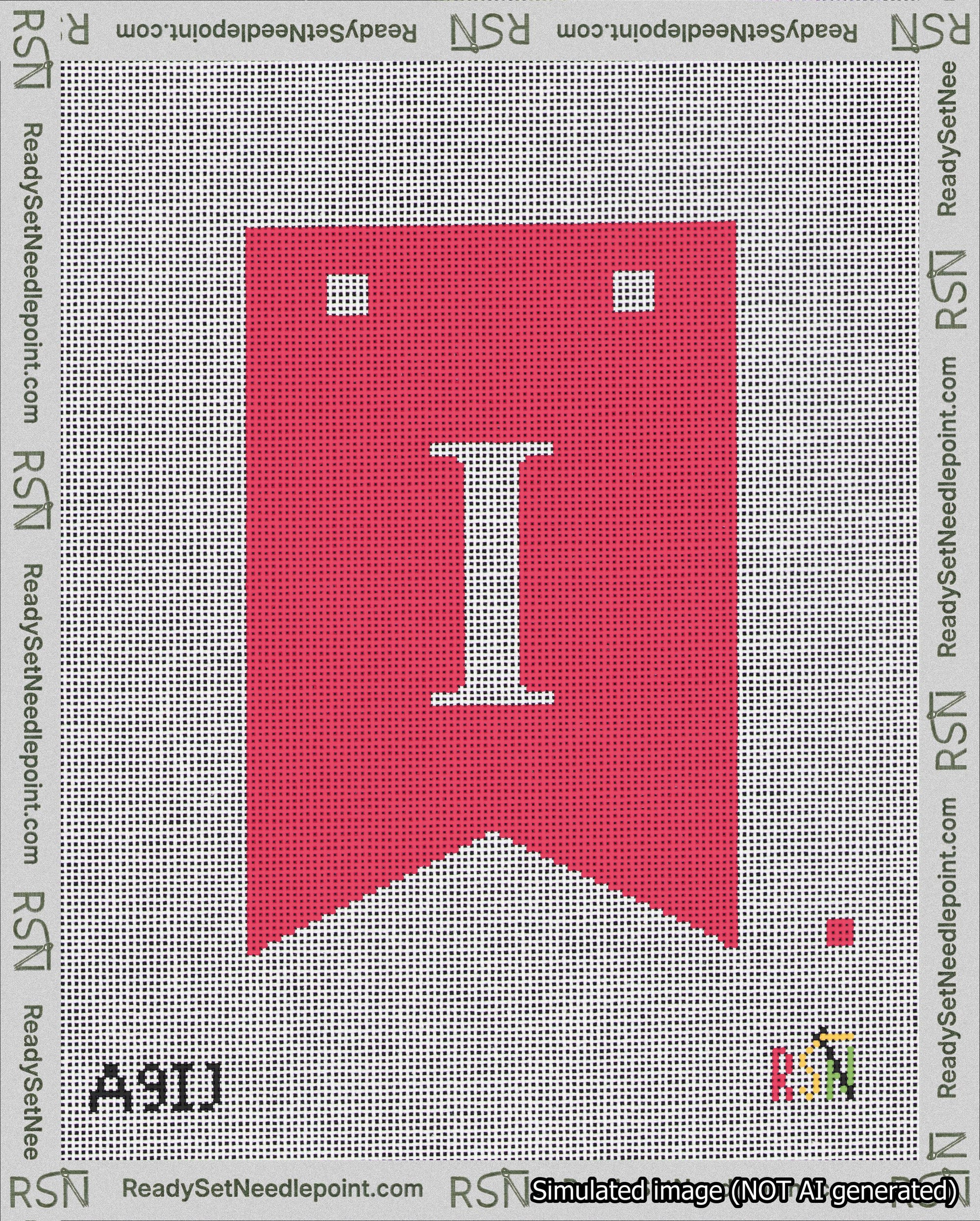 A taped needlepoint canvas with the design: Banner 18 mesh count Forked I White on Red.