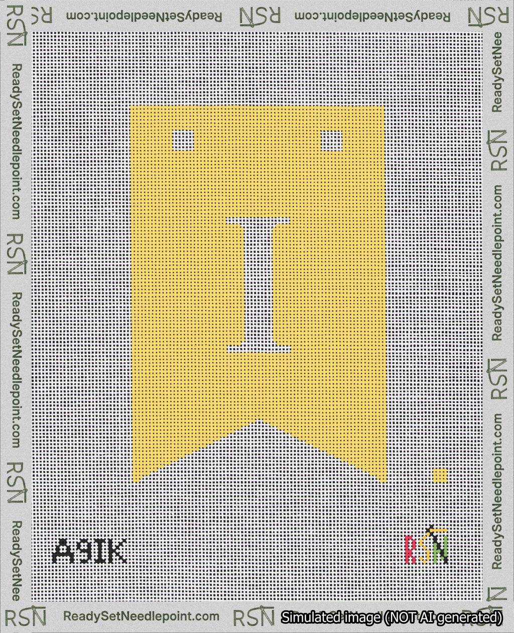 A taped needlepoint canvas with the design: Banner 18 mesh count Forked I White on Yellow.