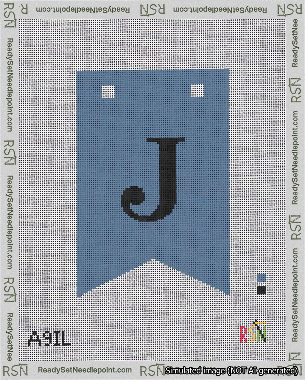 A taped needlepoint canvas with the design: Banner 18 mesh count Forked J Black on Blue.