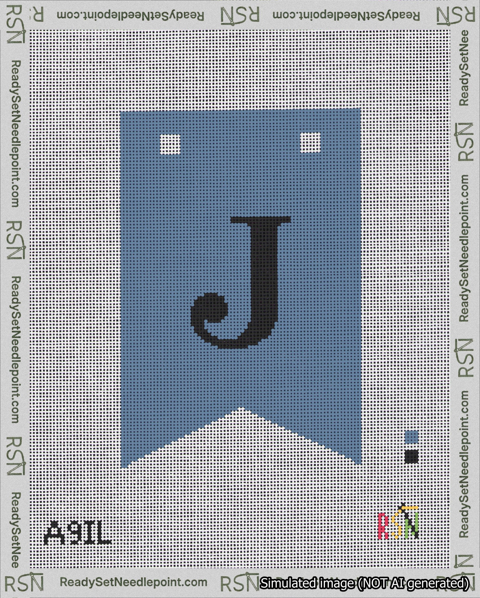 A taped needlepoint canvas with the design: Banner 18 mesh count Forked J Black on Blue.