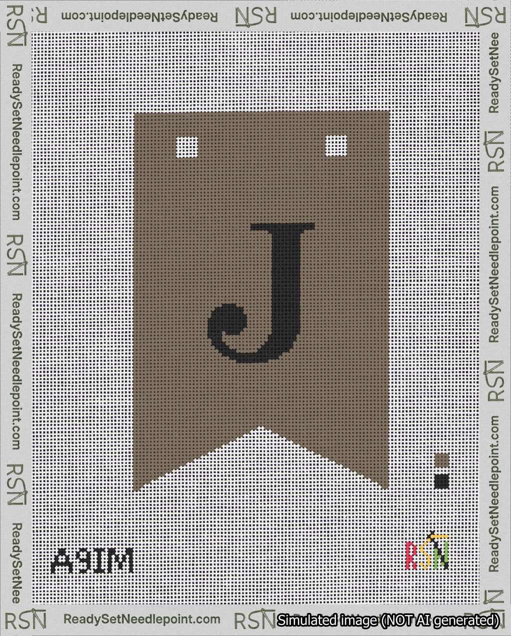 A taped needlepoint canvas with the design: Banner 18 mesh count Forked J Black on Brown.