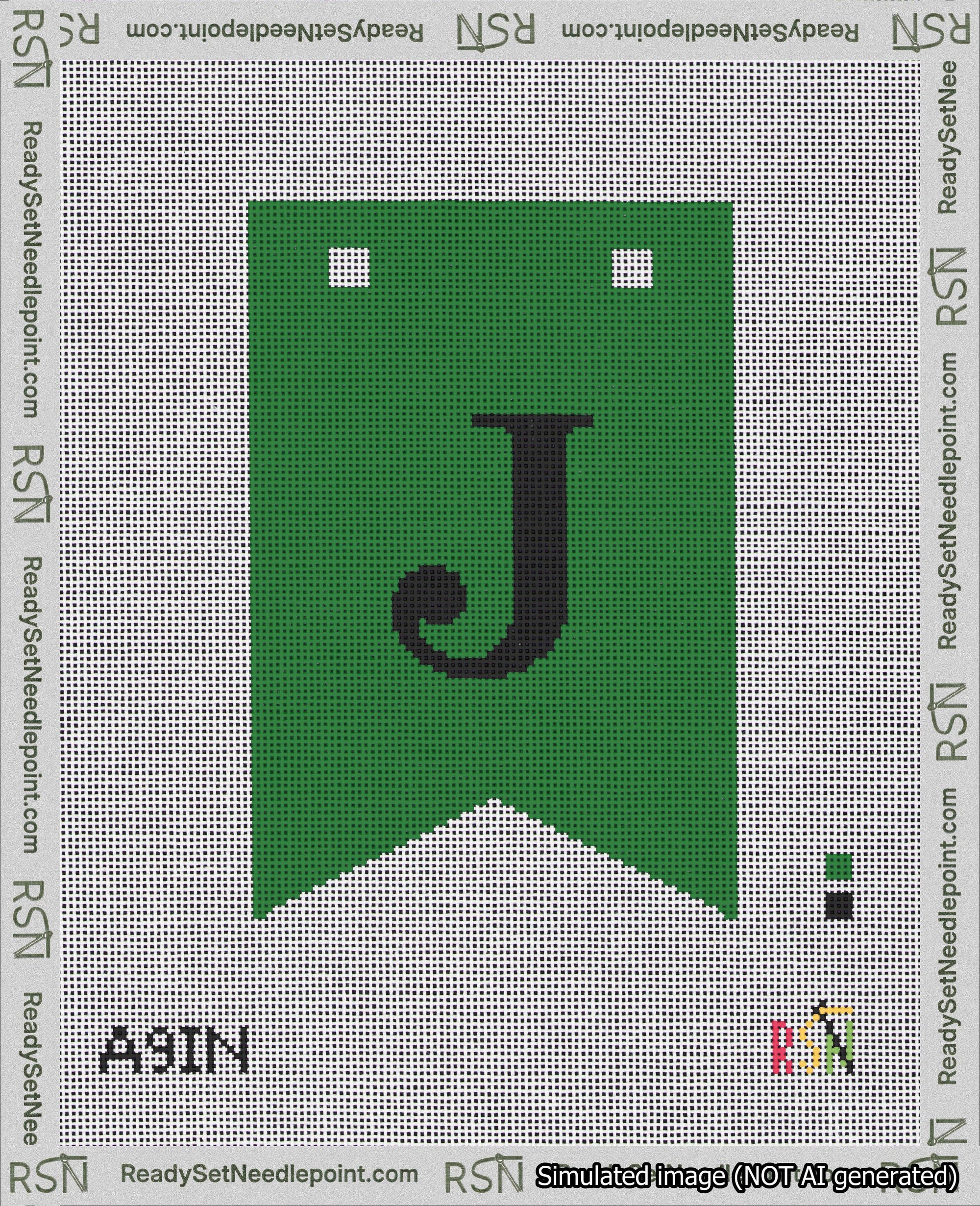 A taped needlepoint canvas with the design: Banner 18 mesh count Forked J Black on Green.