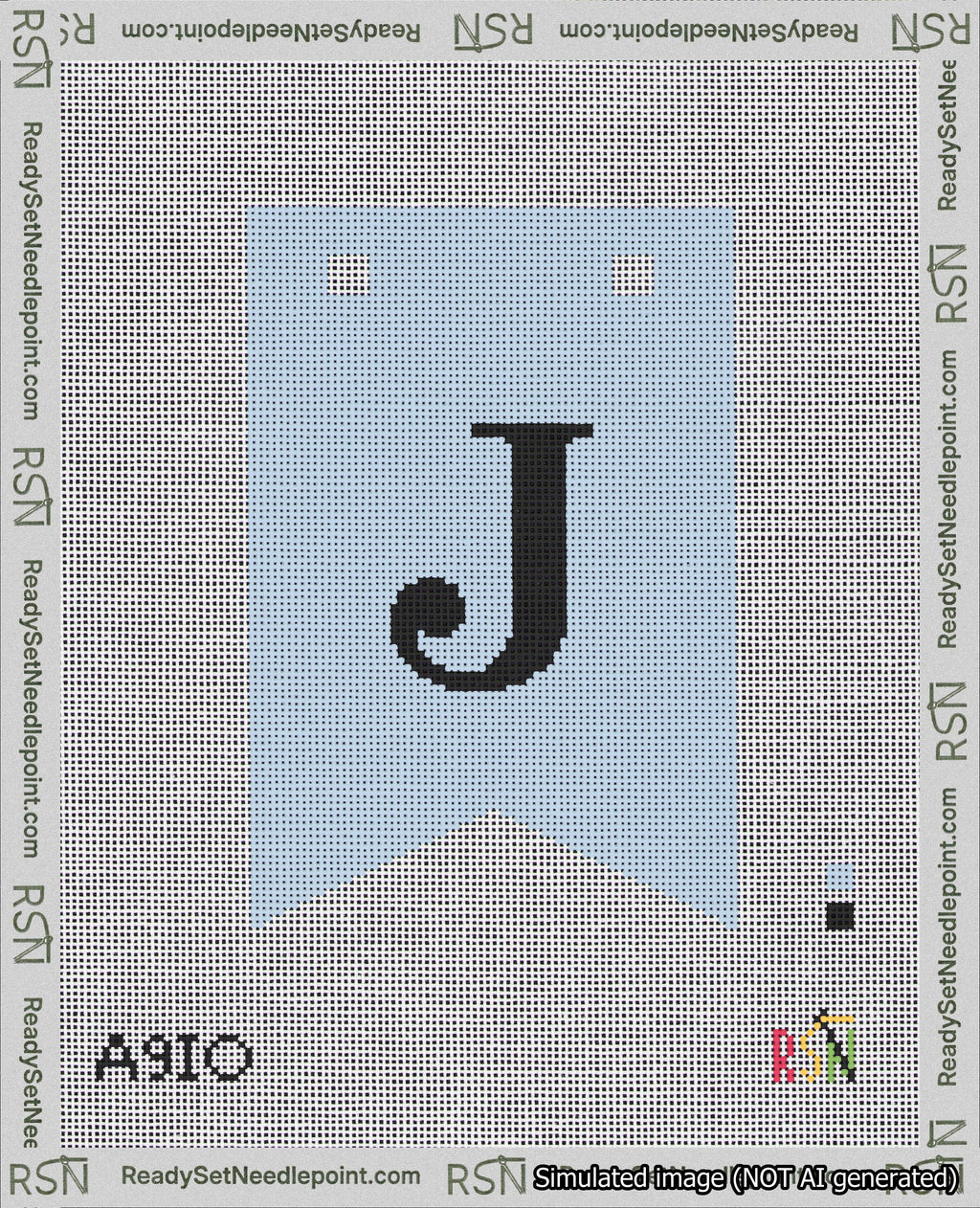 A taped needlepoint canvas with the design: Banner 18 mesh count Forked J Black on Light Blue.