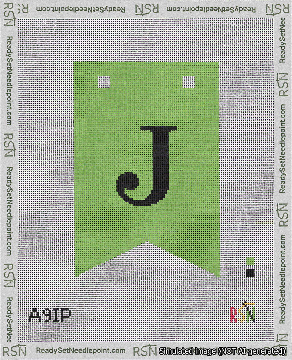 A taped needlepoint canvas with the design: Banner 18 mesh count Forked J Black on Light Green.