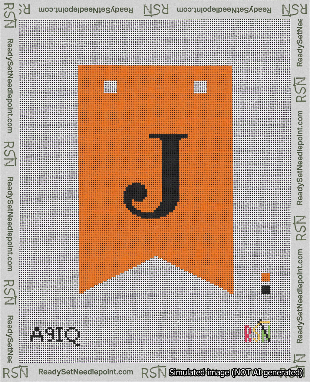 A taped needlepoint canvas with the design: Banner 18 mesh count Forked J Black on Orange.