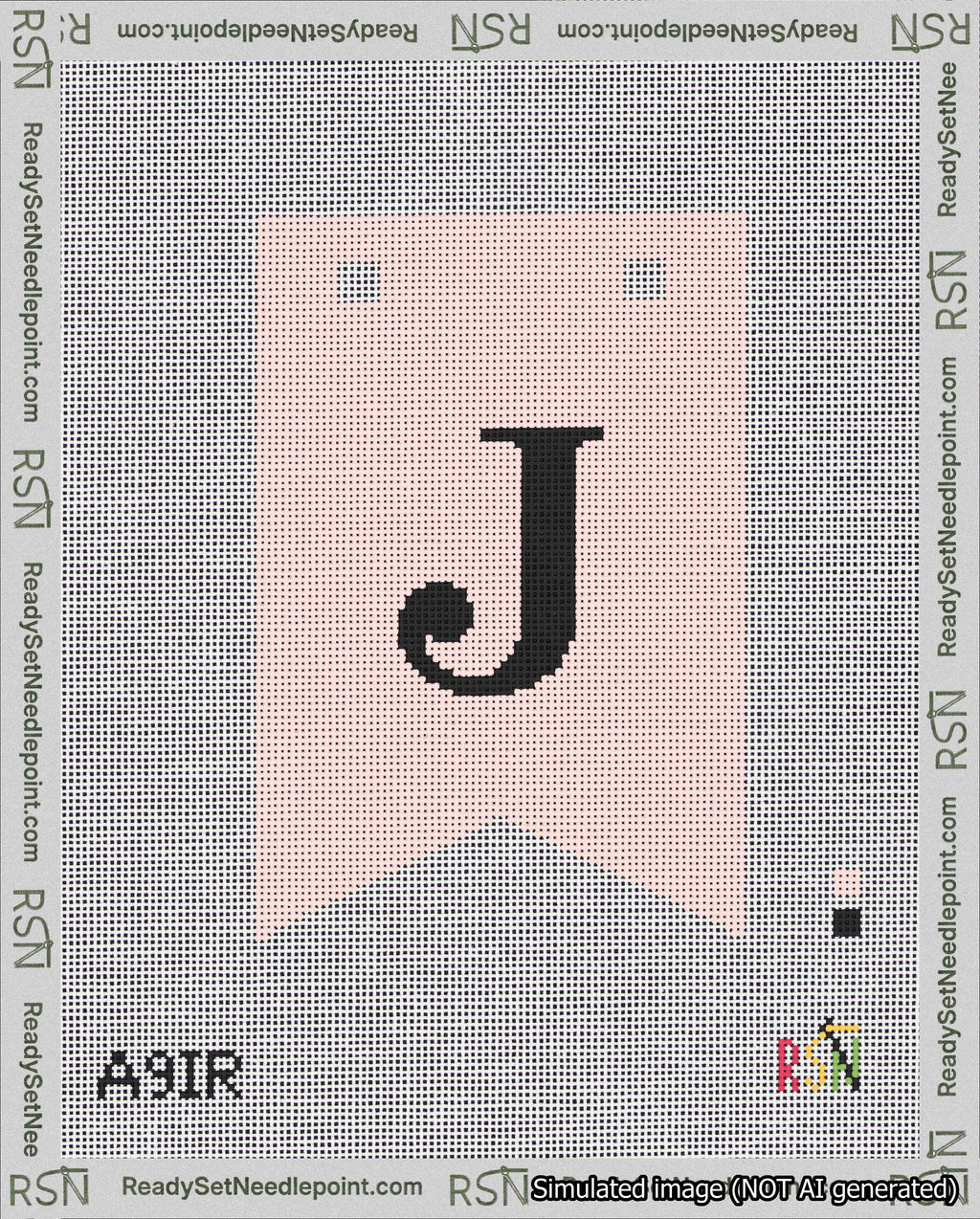 A taped needlepoint canvas with the design: Banner 18 mesh count Forked J Black on Pink.
