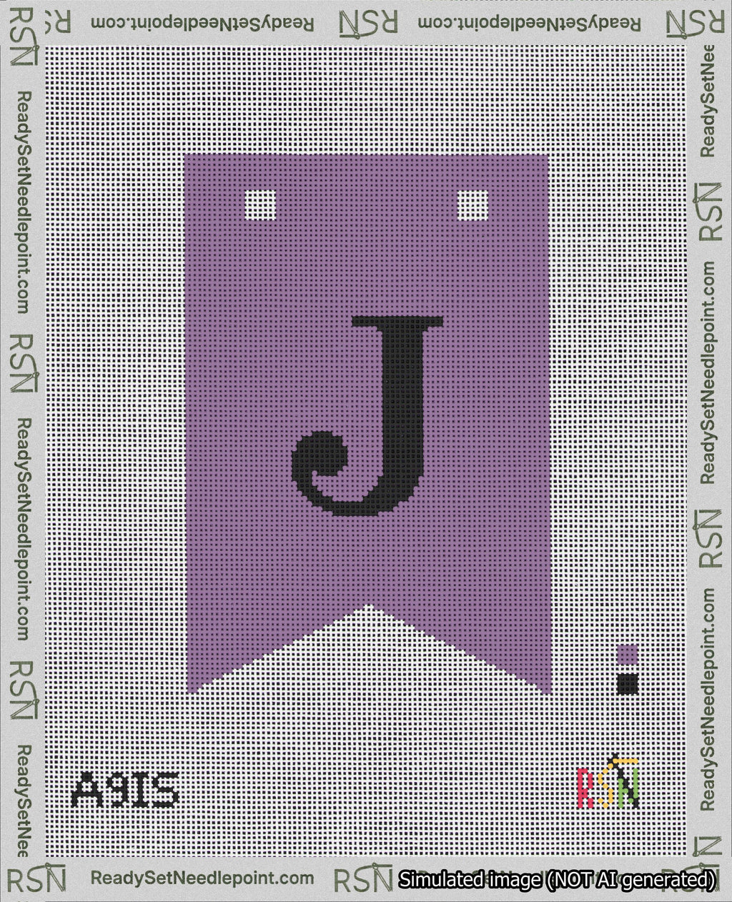 A taped needlepoint canvas with the design: Banner 18 mesh count Forked J Black on Purple.