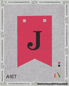 A taped needlepoint canvas with the design: Banner 18 mesh count Forked J Black on Red.