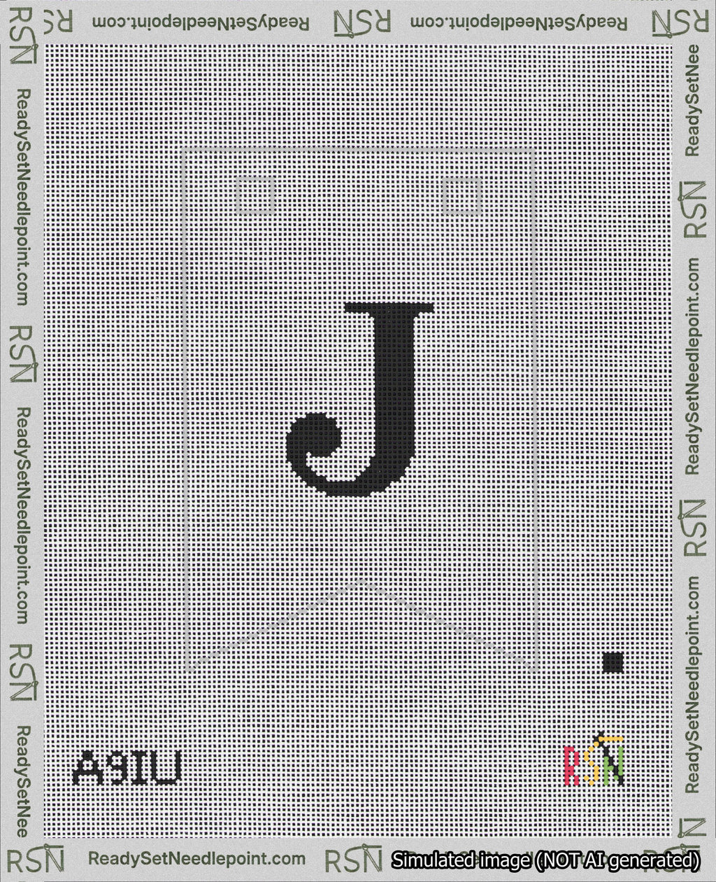 A taped needlepoint canvas with the design: Banner 18 mesh count Forked J Black on White.