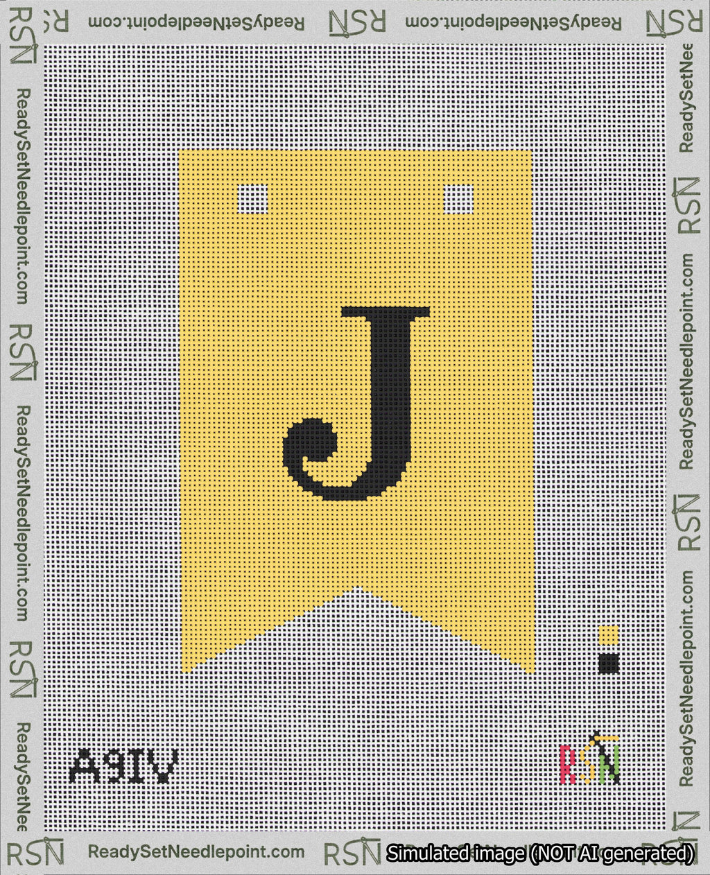 A taped needlepoint canvas with the design: Banner 18 mesh count Forked J Black on Yellow.