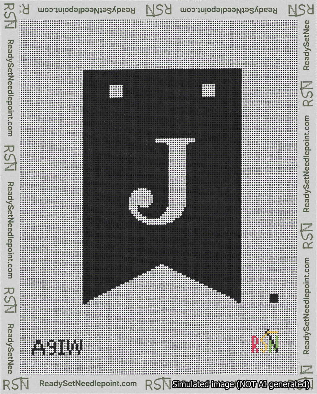 A taped needlepoint canvas with the design: Banner 18 mesh count Forked J White on Black.
