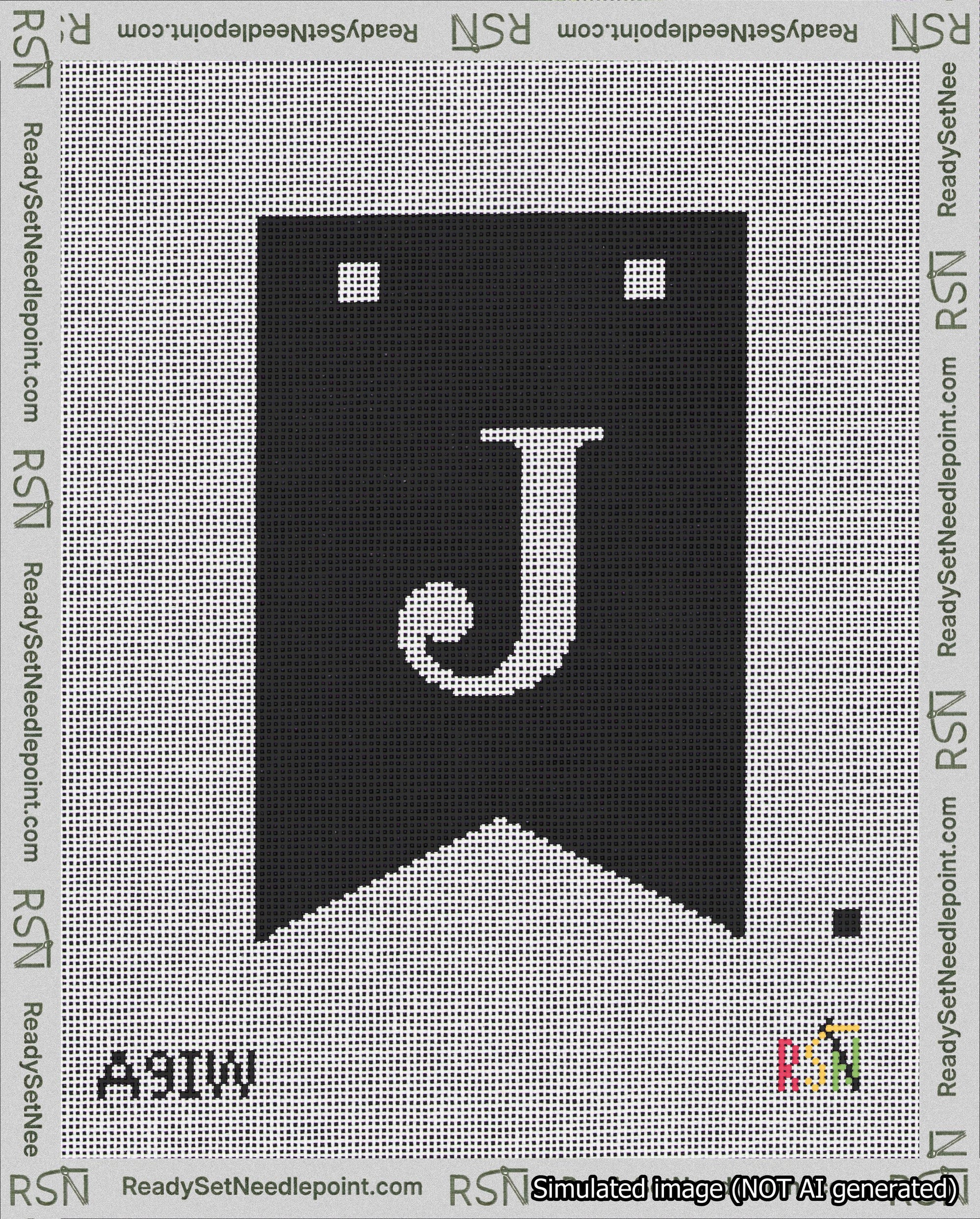 A taped needlepoint canvas with the design: Banner 18 mesh count Forked J White on Black.