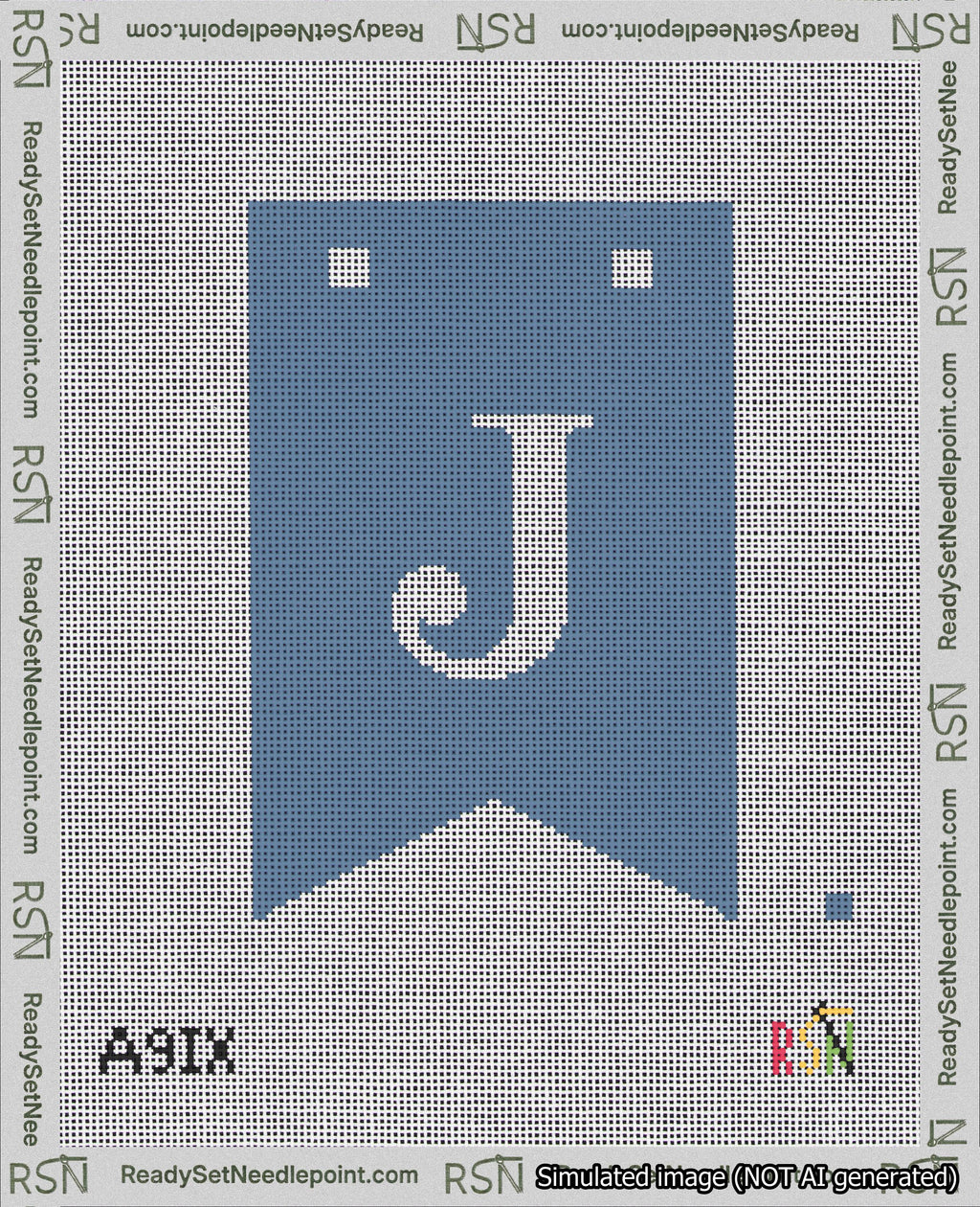 A taped needlepoint canvas with the design: Banner 18 mesh count Forked J White on Blue.