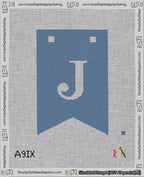 A taped needlepoint canvas with the design: Banner 18 mesh count Forked J White on Blue.