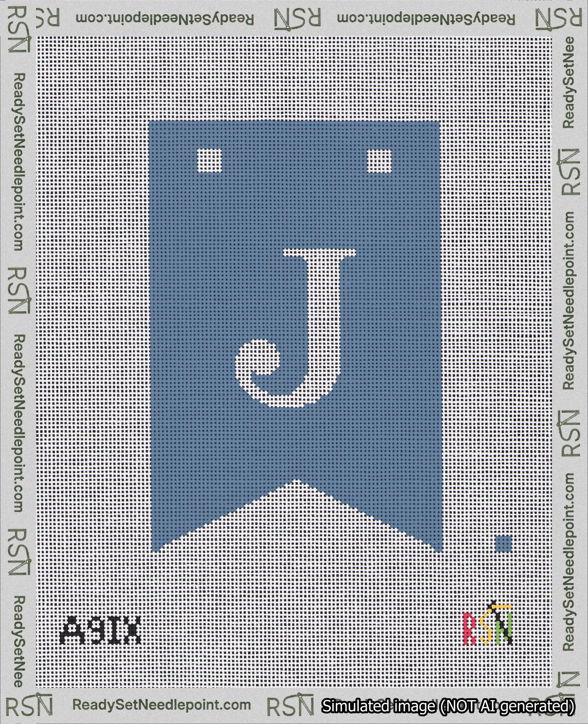 A taped needlepoint canvas with the design: Banner 18 mesh count Forked J White on Blue.