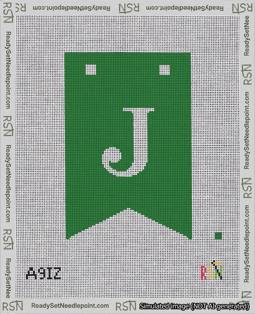 A taped needlepoint canvas with the design: Banner 18 mesh count Forked J White on Green.