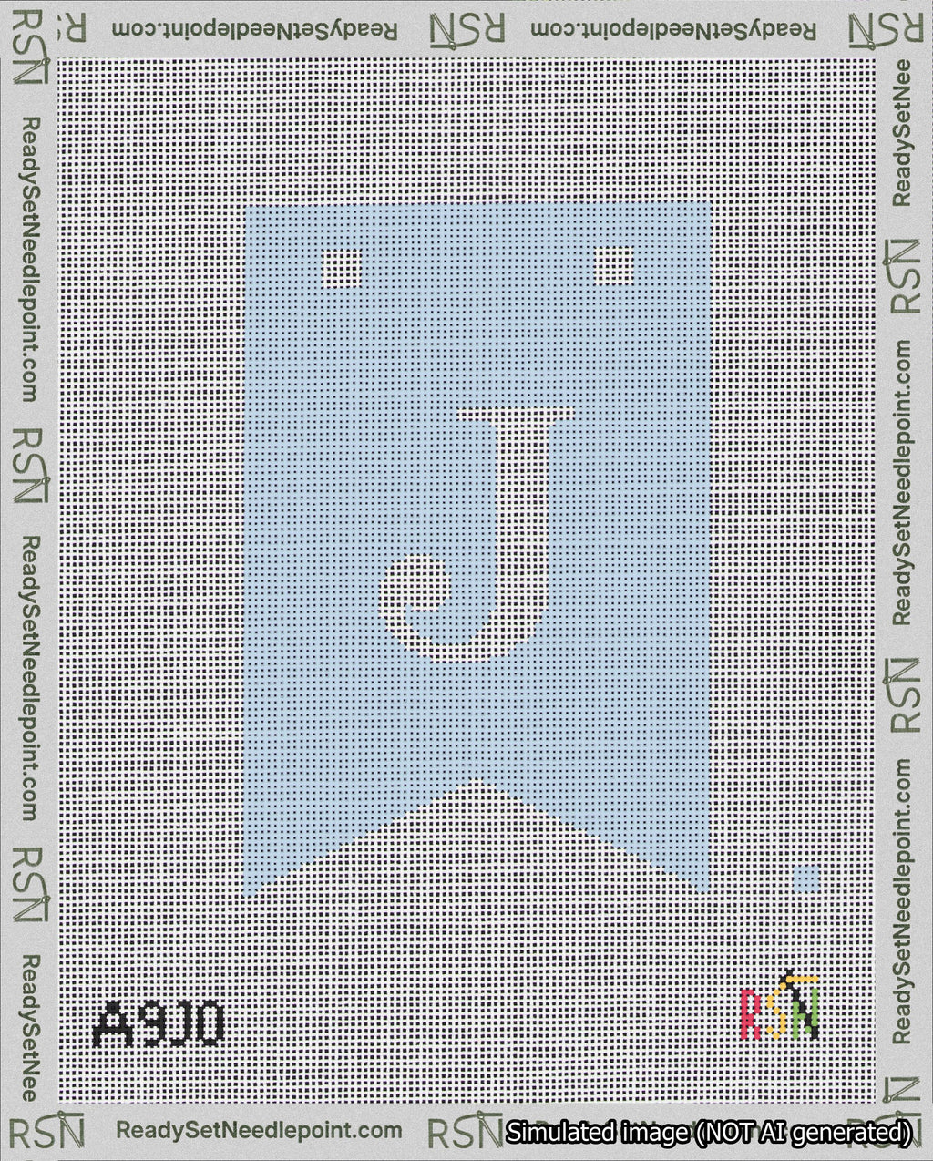 A taped needlepoint canvas with the design: Banner 18 mesh count Forked J White on Light Blue.