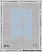 A taped needlepoint canvas with the design: Banner 18 mesh count Forked J White on Light Blue.