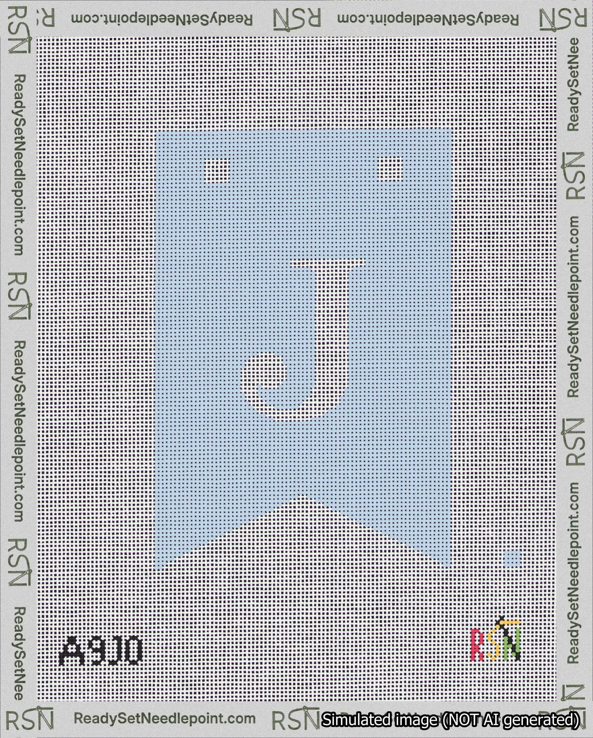 A taped needlepoint canvas with the design: Banner 18 mesh count Forked J White on Light Blue.
