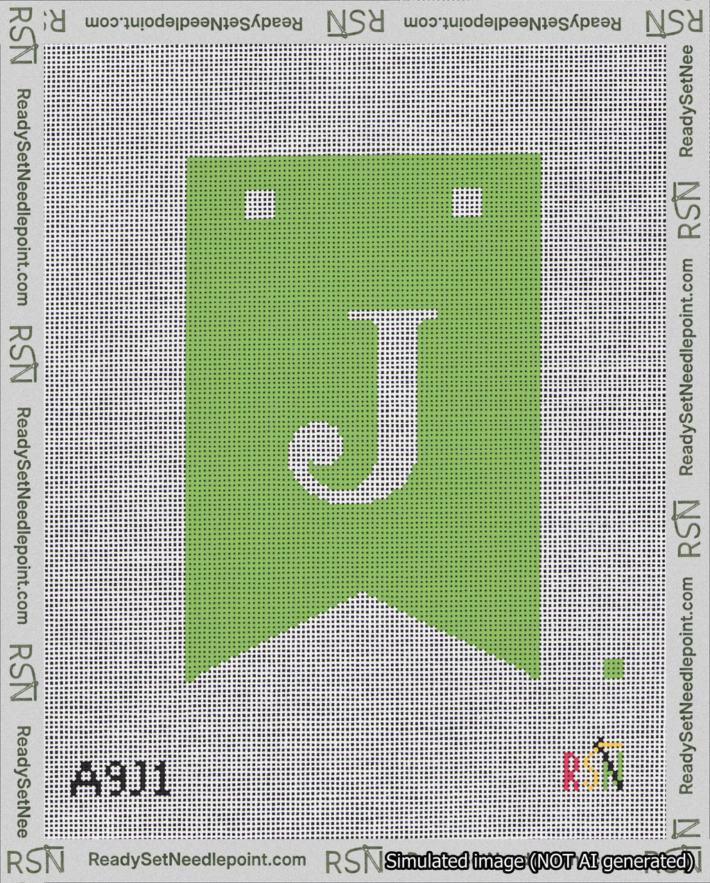 A taped needlepoint canvas with the design: Banner 18 mesh count Forked J White on Light Green.