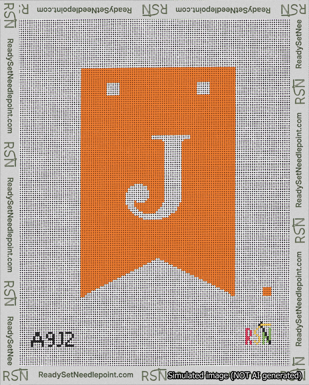 A taped needlepoint canvas with the design: Banner 18 mesh count Forked J White on Orange.