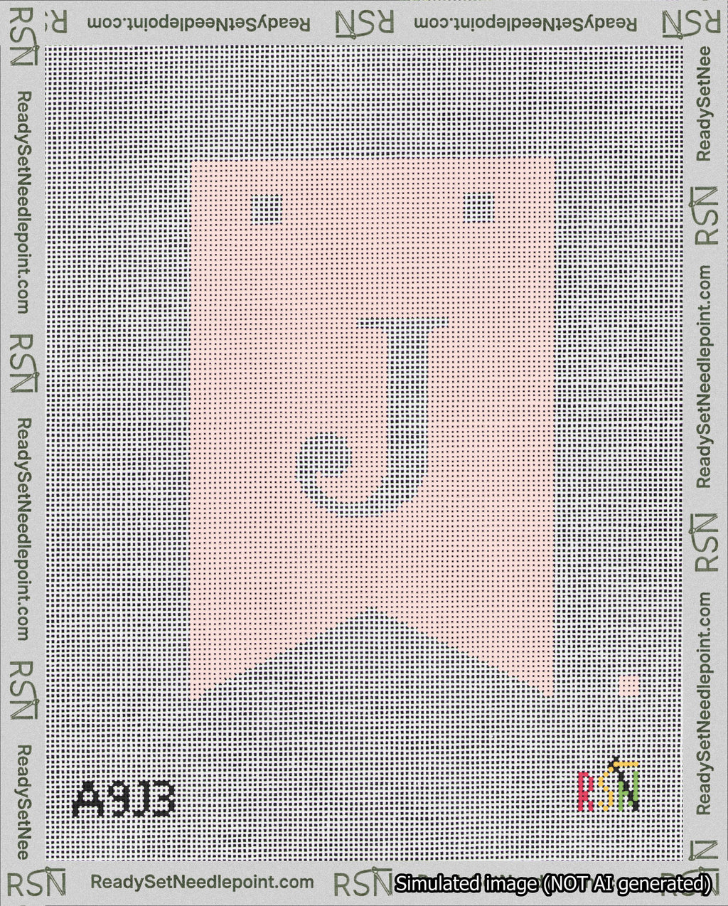 A taped needlepoint canvas with the design: Banner 18 mesh count Forked J White on Pink.